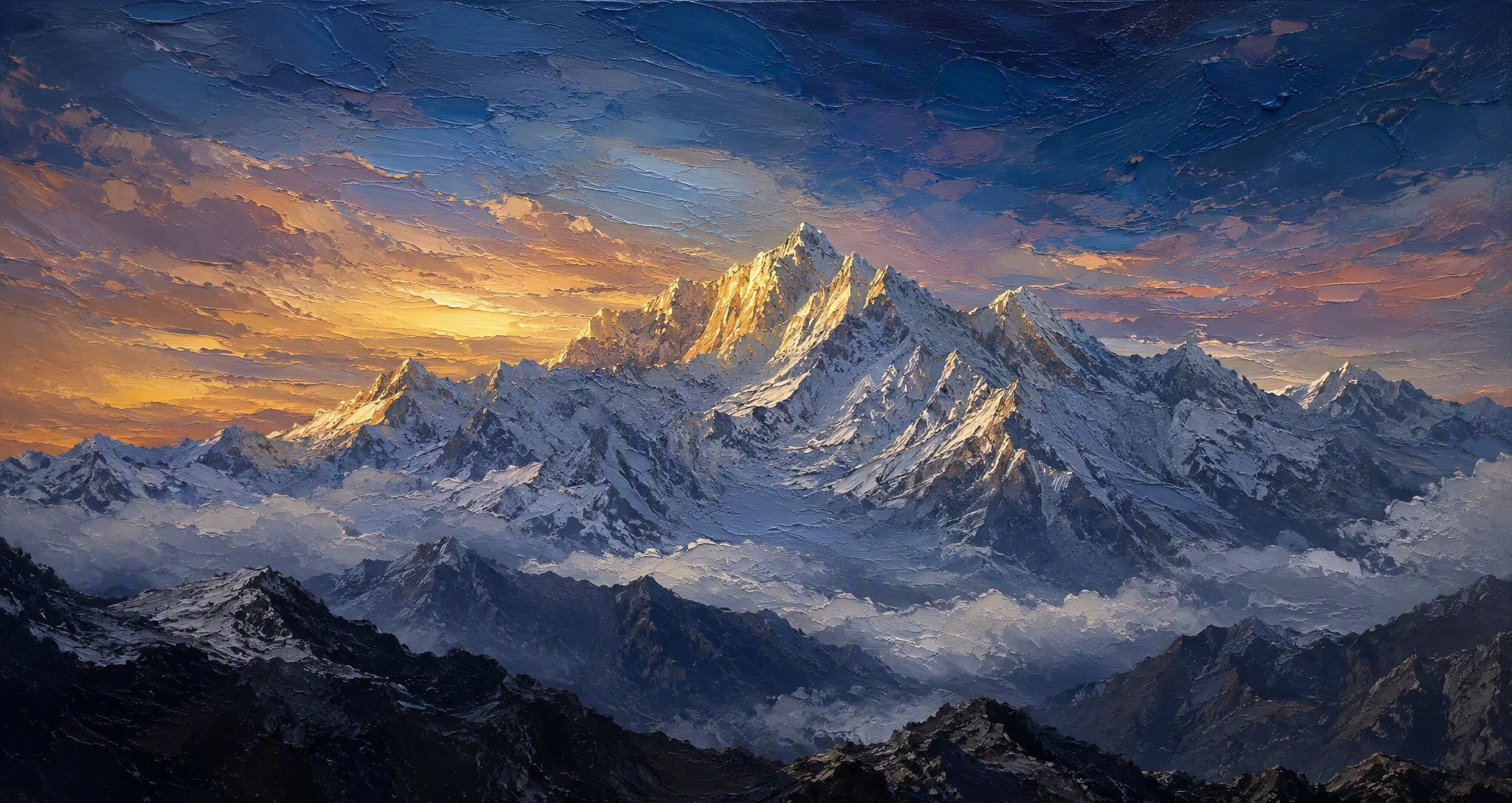 Horizonte montanhoso em pintura impasto